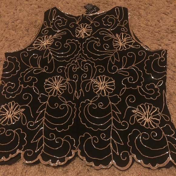 Vintage Embroidered Beaded Floral Black Sleeveless Top *FLAW - Picture 4 of 7